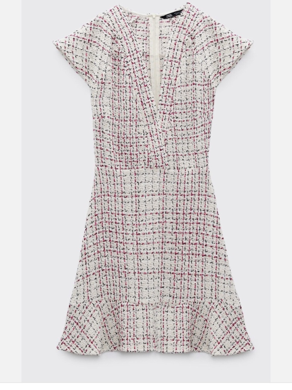 Zara Ivory Tweed V-Neck Dress with Pink & Black Accents